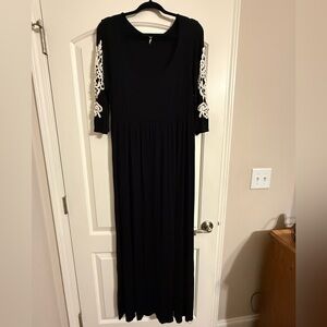 Empire Waist Black Maxi Dress with White Lace Accents